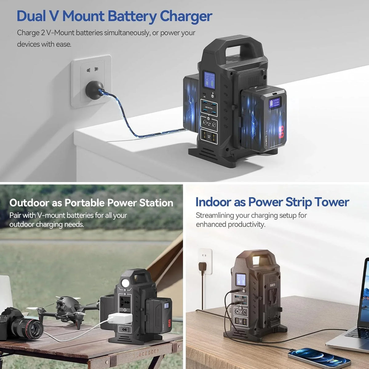 Dual V interface battery charger, power strip 3-in-1 dual-channel charger/multi AC power inverter station, PD 65W/USB-C, compatible with the fully V-lock battery charging of Smallrig Neewer Came TV.