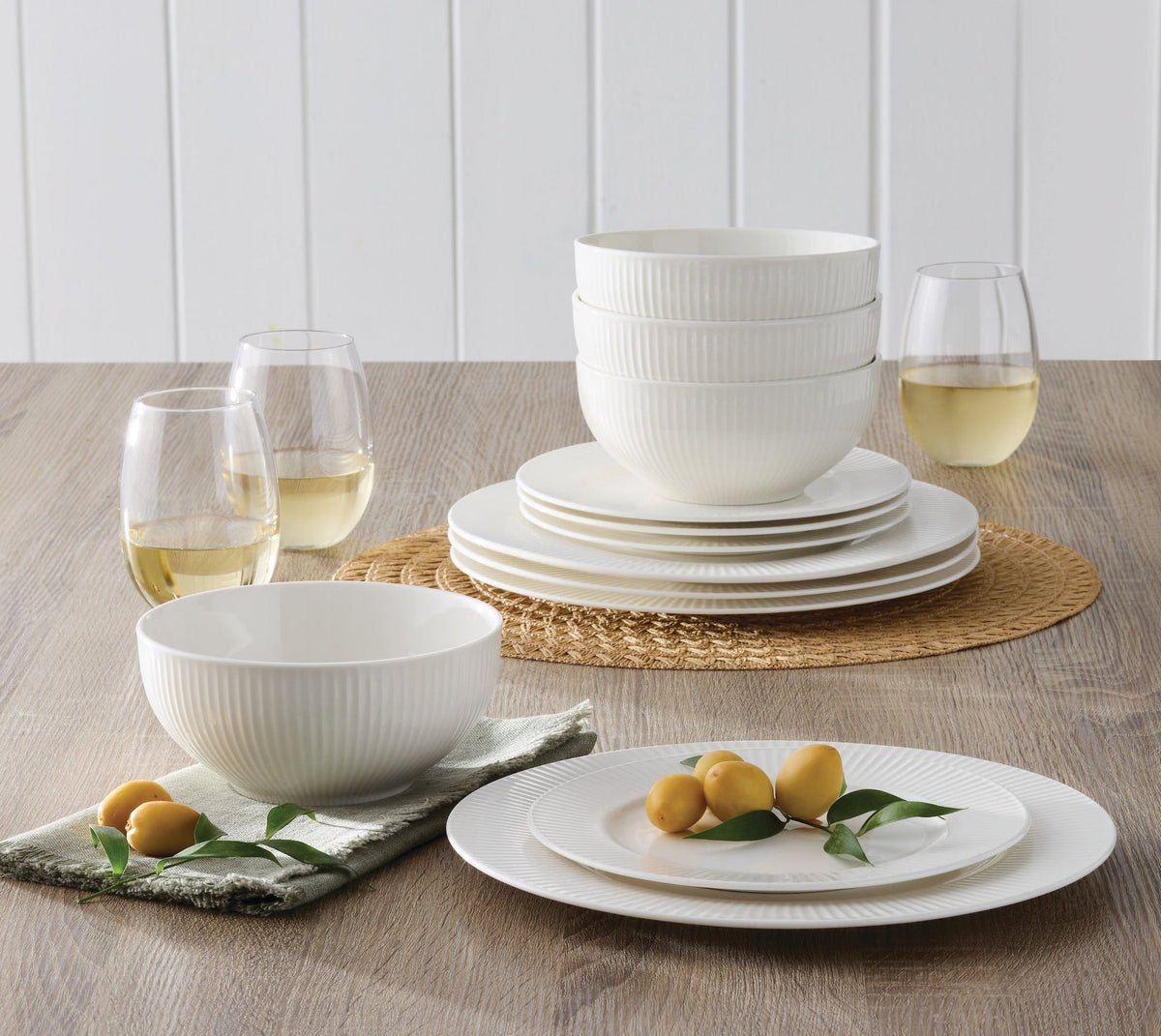 Highbury Ribbed New Bone Dinnerware Set, Serves 4, 12-pc, White