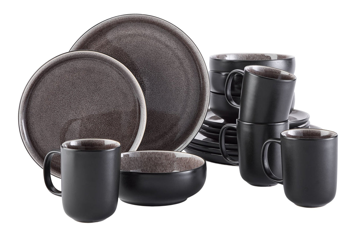 Kenway Stoneware Dinnerware Set, Serves 4, 16-pc, Matte Black & Taupe Reactive Glaze
