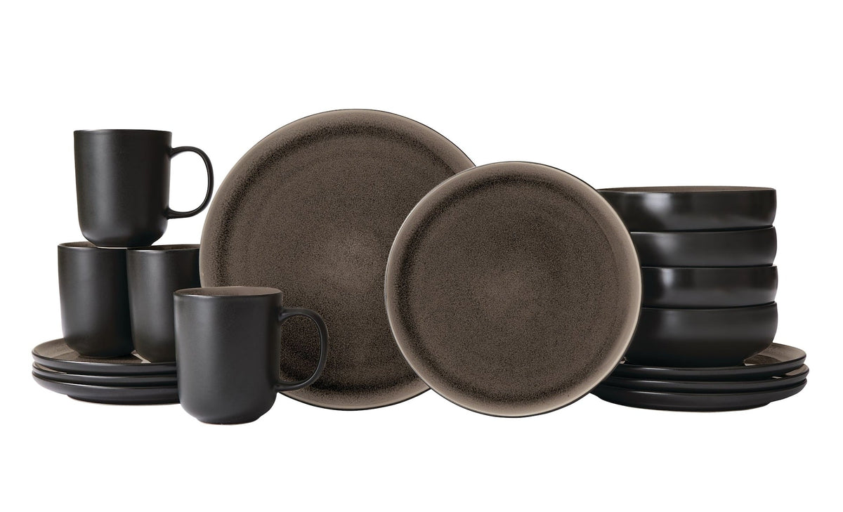 Kenway Stoneware Dinnerware Set, Serves 4, 16-pc, Matte Black & Taupe Reactive Glaze