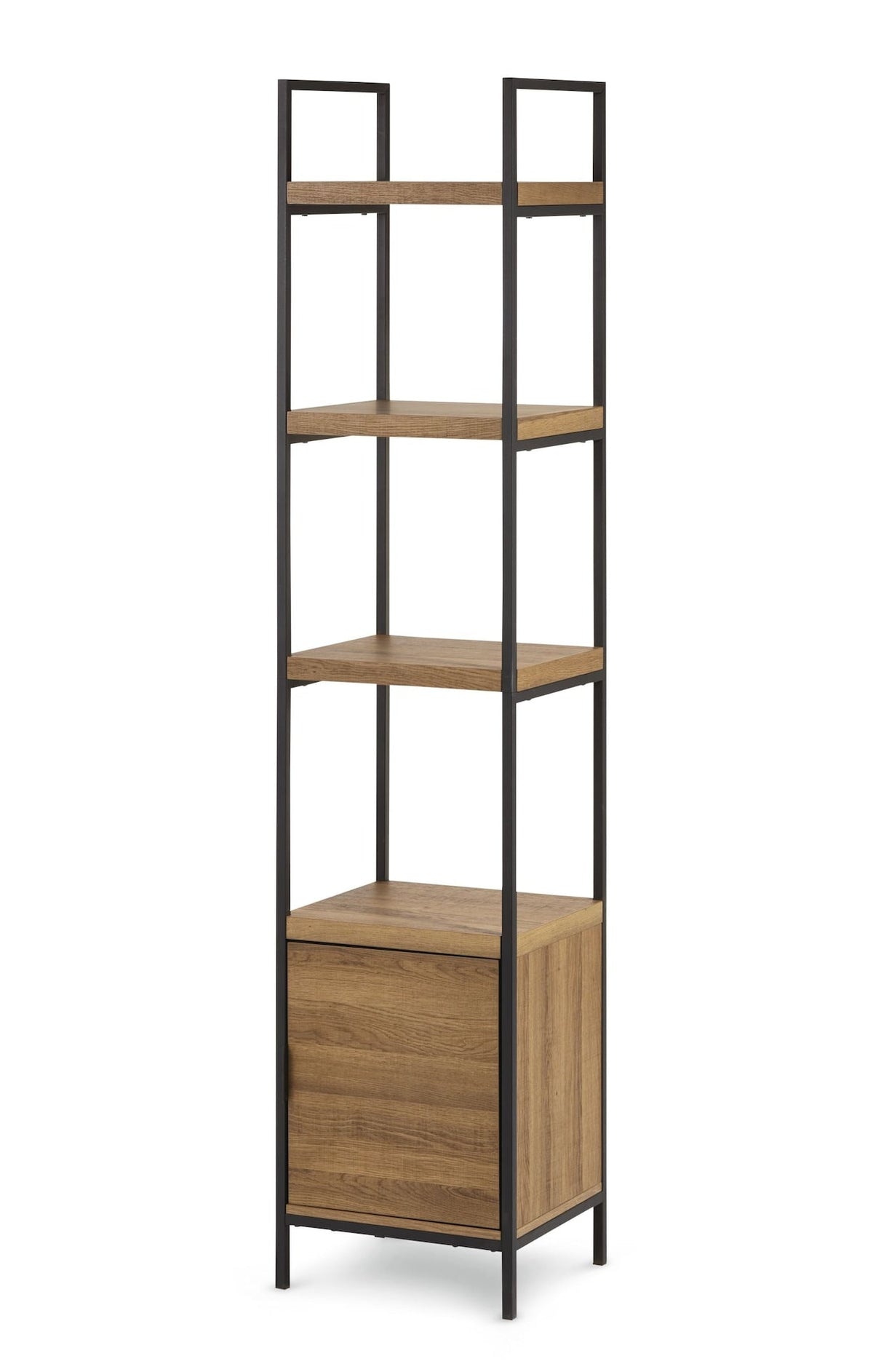 Robson 4-Tier Metal Frame Narrow Bookcase With Storage Door, Oak Finish