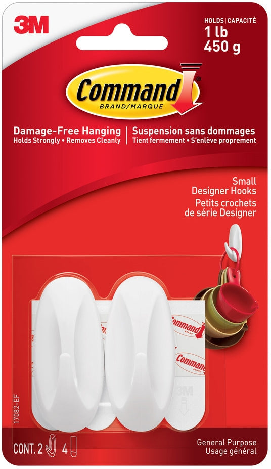 Small Designer Hooks with Adhesive Strips, White, 1-lb, 2 Strips per Pack