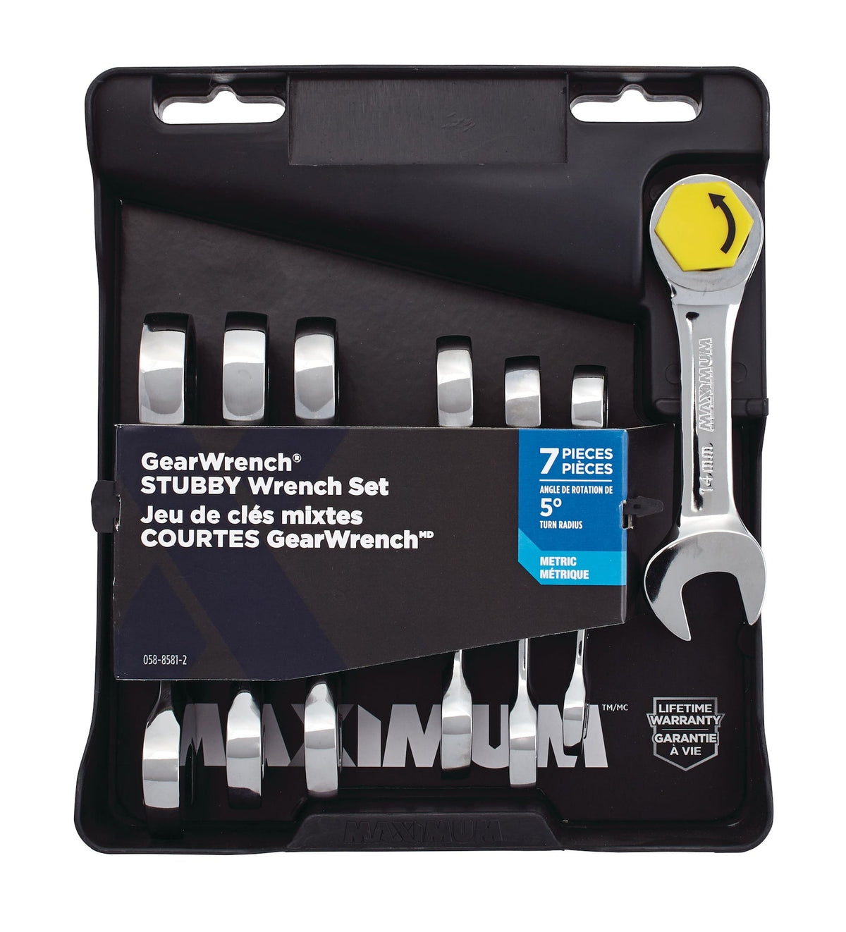 Stubby Ratcheting Wrench Set, Metric, Nickel-Chrome Plating, 7-pc