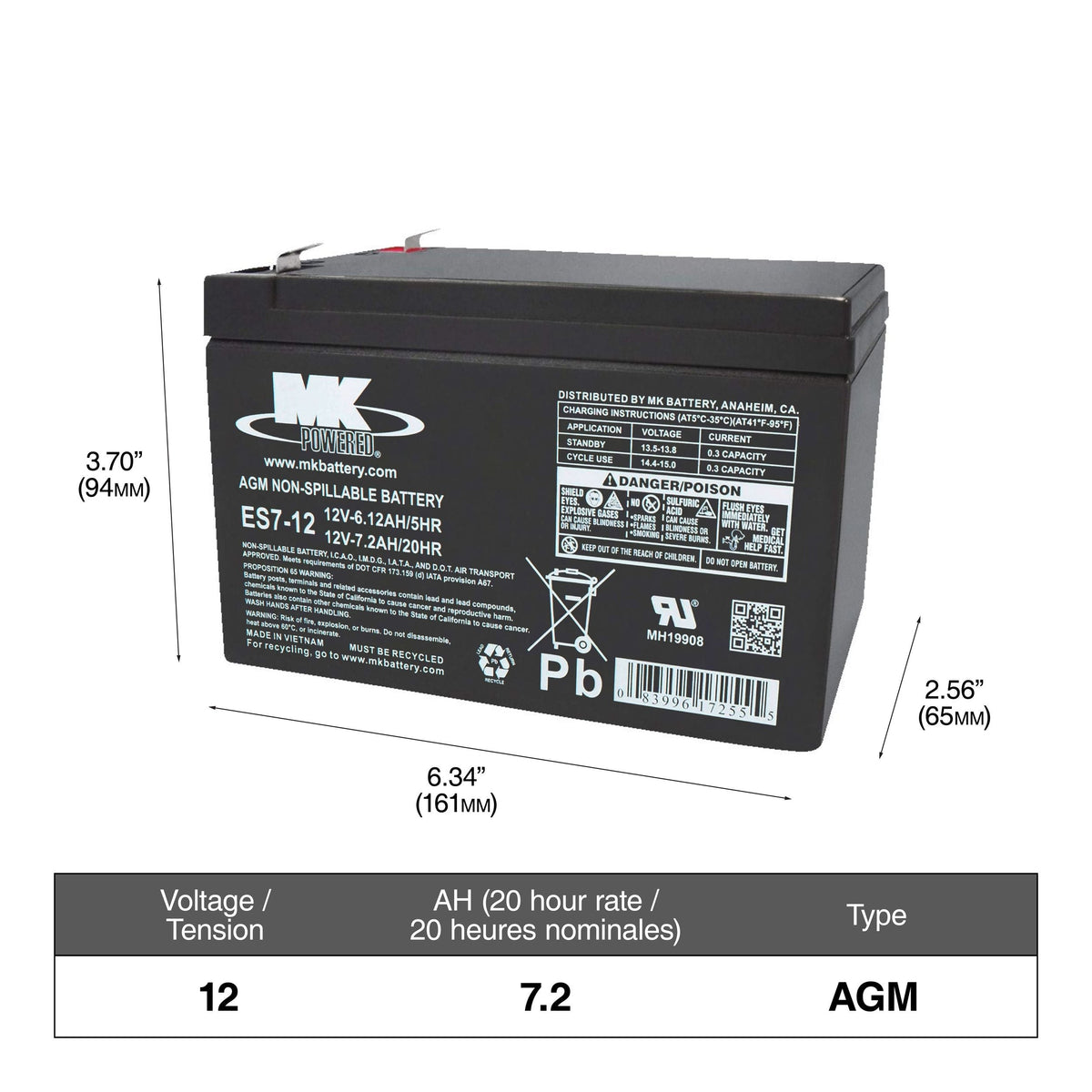 12-Volt 7.2 Ah SLA Battery, F2 Terminal