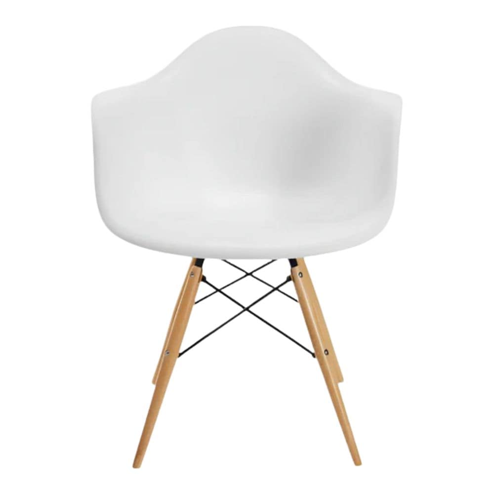White Plastic Bucket Armchair with Wood Legs