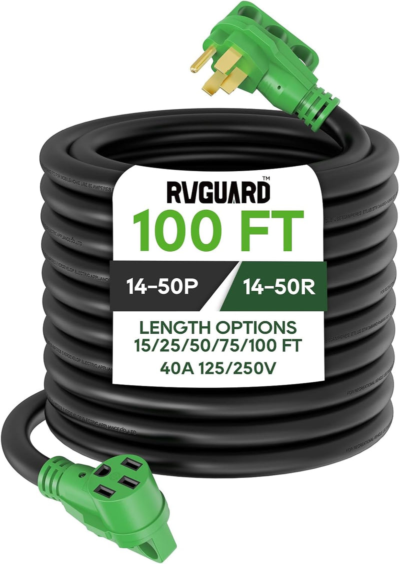 40 Amp 100 Foot RV/EV Extension Cord, NEMA 14-50P/R Heavy Duty Extension Cord with LED Power Indicator and Cord Organizer, Green M2410