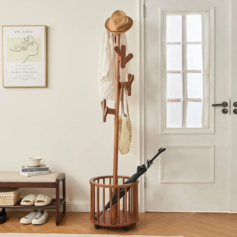 Wood Coat Rack Freestanding - Wooden Coat Tree Hat Rack with 12 Hooks, Clothes Coats Hanger Stand Rolling Racks with Umbrella Holder Wheels for Bedroom Entryway Hallway Livingroom (Walnut) Q4742