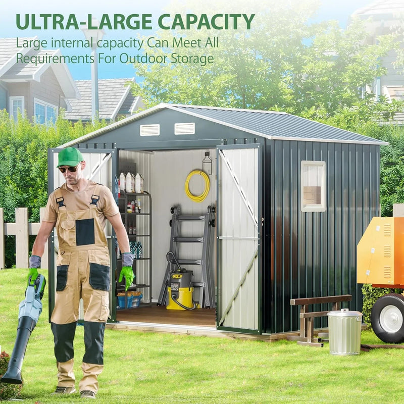8x6FT Outdoor Steel Storage Shed with Clear Window, Lockable Doors, Weather-Resistant Metal Tool Shed for Garden, Backyard, Patio, and Utility Storage E3053
