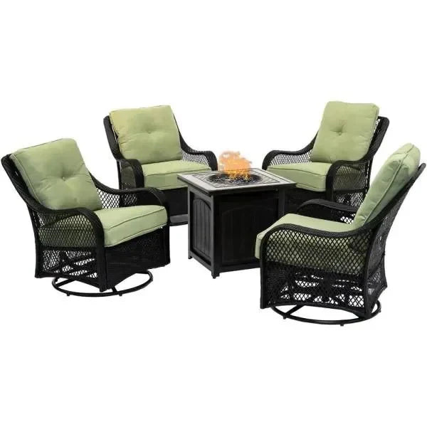 5-Piece Steel Patio Fire Pit Conversation Set with Navy Blue Cushions, Swivel Gliders and Square Fire Pit Table Z4476
