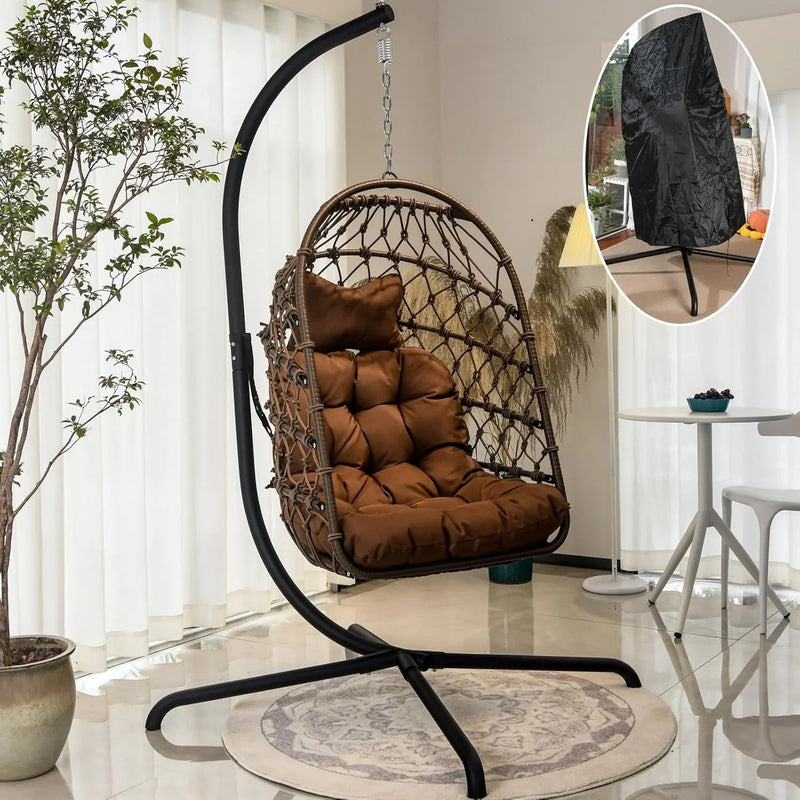 Indoor and outdoor egg-shaped rocking chairs with frames and covers, garden rattan hanging chairs, capacity 450 pounds, with UV-protective cushions, suitable for bedrooms, outdoor balconies, courtyards or living rooms (dark gray) F9593