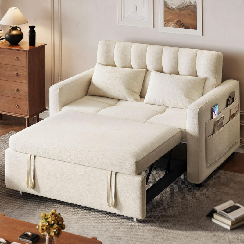 3-in-1 Convertible Sofa Bed, 55" Sleeper Sofa with Pull-Out Bed, Cat-Scratch-Proof Fabric Futon Couch with Adjustable Backrest and Side Pocket, Loveseat Room Apartment, Grey T3341