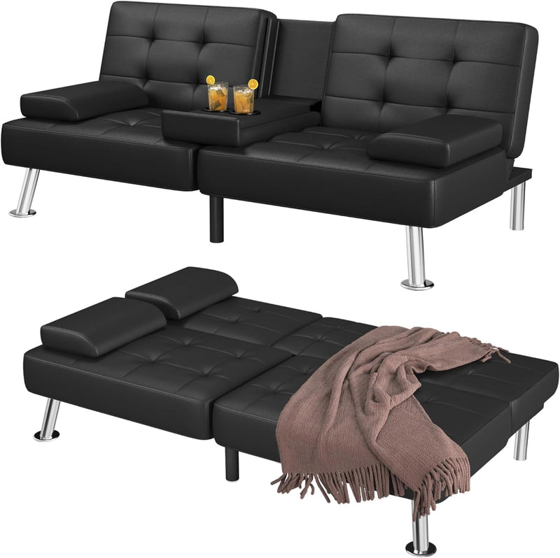 Futon Sofa Bed Convertible Folding Futon Set Modern Recliner Lounge for Small Room & Living Room with 2 Cup Holders, Removable Armrests (Artificial Leather, Black) P3602