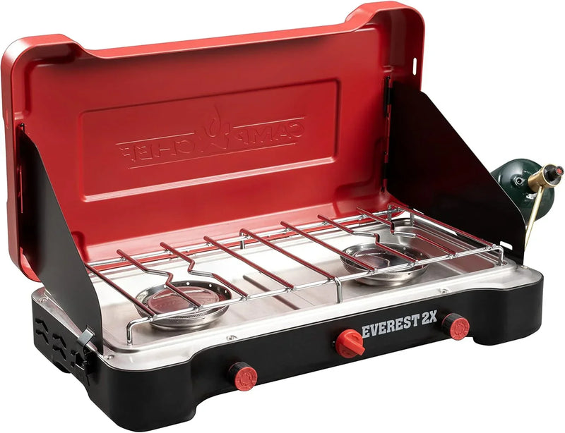 Camp Chef Mountain Series Everest 2X - High Output Two-Burner Camp Stove - Lid Doubles as Windscreen - Portable Cooking Stove - For Outdoor Cooking - 20,000 BTU Burners - 215 Sq In Cooking Area R8671