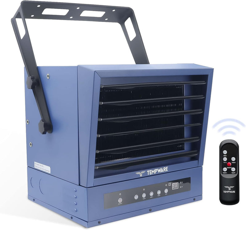 Electric Garage Heater, 7500-Watt Digital Fan-Forced Ceiling Mount Shop Heater with Full-Function Remote, 240-Volt Hardwired 12-Hour Timer, Ideal for Workshop Blue K7690