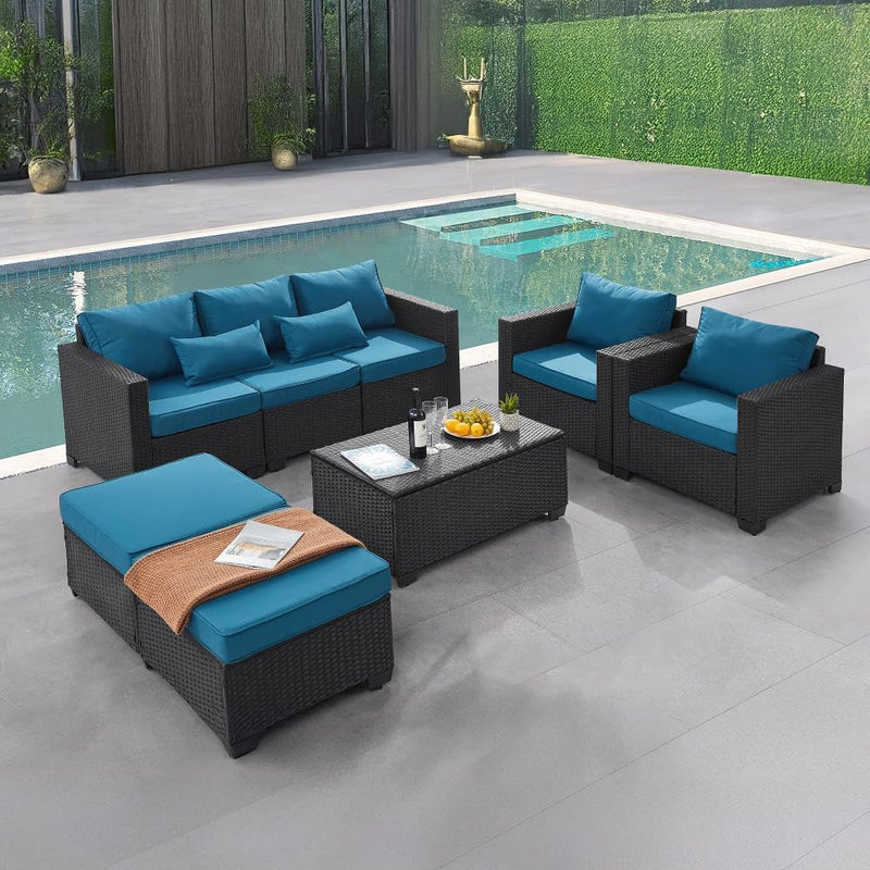 6 Pieces Outdoor Patio Furniture Sets with Furniture Cover, PE Rattan Wicker Patio Conversation Set with Tea Table (Peacock Blue, Rattan Storage Table) O5422