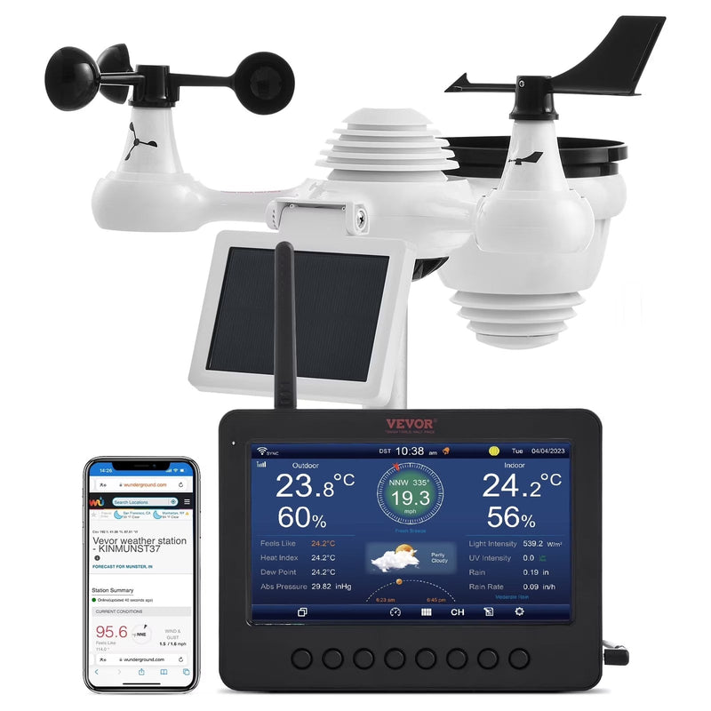 VEVOR 7-in-1 Wireless Weather Station with Wi-Fi,7 in TFT Colorful Display, Solar-Powered Outdoor Sensor, Indoor Outdoor Monitoring, Includes... O0766