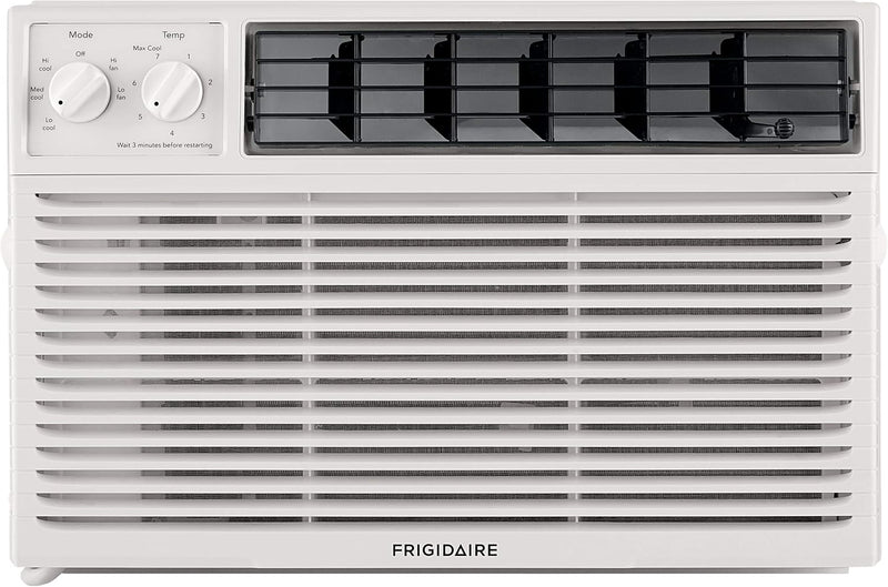 5000-watt window air conditioner, with a cooling area of 250 square feet, operates quietly, has easy and convenient temperature adjustment, 2 fan speeds, automatic restart function, and a white appearance S5421