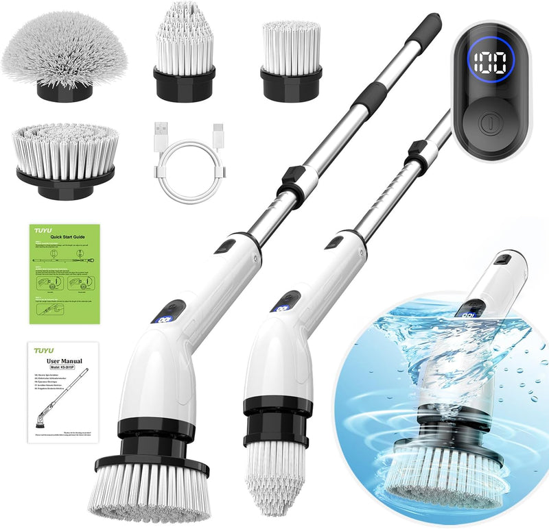 Electric Spin Scrubber, Full-Body IPX7 Waterproof Bathroom Scrubber with Power LCD Display, Adjustable Extension Handle, Cordless Shower Cleaner Brush for Bathtub Kitchen Wall Cleaning A8102