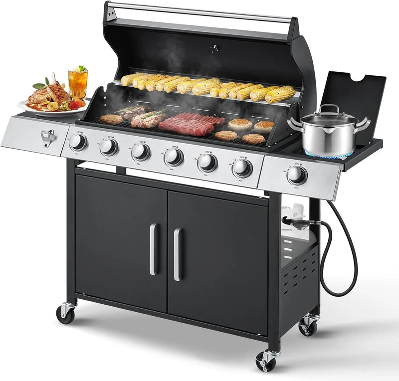 Upgraded 4 Burner BBQ Propane Gas Grill with Cast Iron Grates & Side Stove, 44,000 BTU Stainless Steel Burner Barbecue Grill for Patio, Camping, Outdoor Cooking MELLCOM S7605