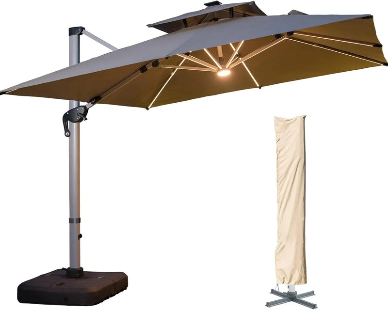 A 10-foot by 10-foot square cantilevered sunshade, equipped with a cross base and canopy, is included - a large heavy-duty outdoor sunshade, 360° rotating offset type, suitable for use in courtyards, backyard of swimming pools, terraces or F9347