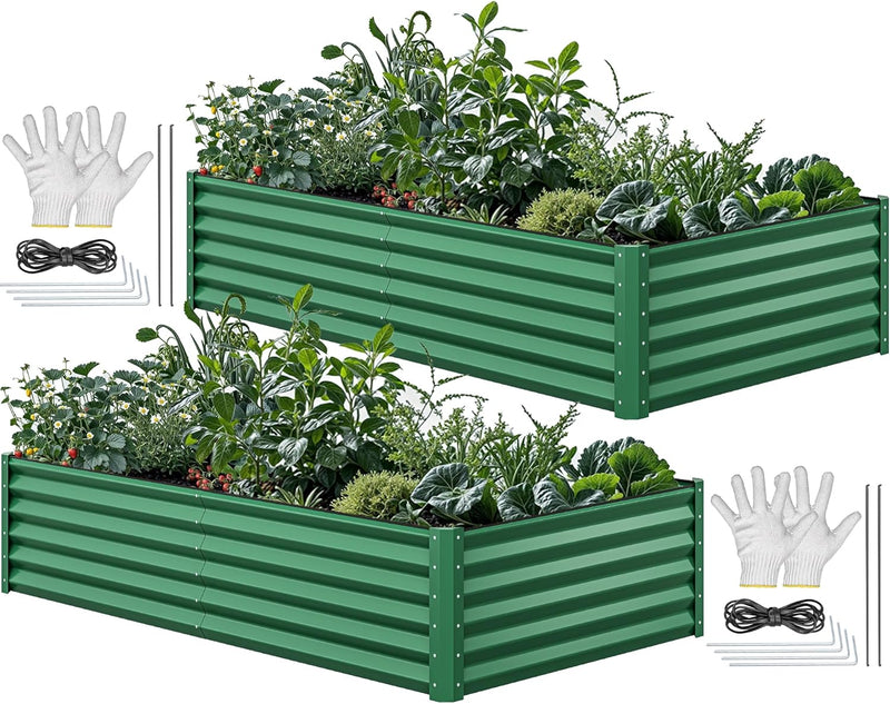 8x4x2ft 2pcs Large Raised Garden Bed Kit, Galvanized Metal Planter Box with Gloves, Ground Nails & Safety Rubber, Outdoor Above Ground Planters for Plants Vegetables Flowers, Green G0958