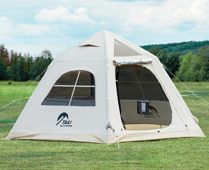 Portable inflatable camping tent, equipped with a manual pump, suitable for 3/4/6 people, easy to set up, suitable for outdoor activities. This inflatable outdoor waterproof Oxford canvas tent is suitable for family camping and is suitable G8724