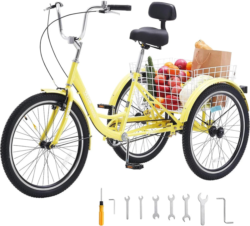 Adult tricycles, 20-inch tricycles, tricycle motorcycles, carbon steel leisure bicycles with baskets and adjustable seats, suitable for elderly, female and male picnic and shopping tricycles (yellow) K7347