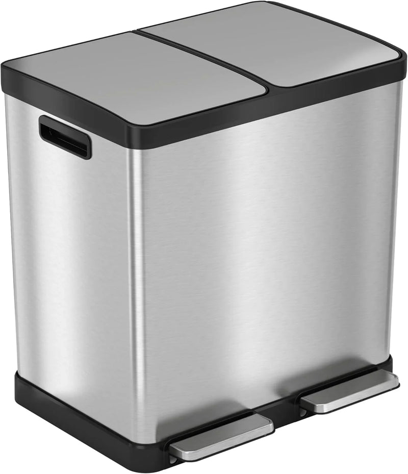 16-gallon contact-free trash and recycling bins, made of stainless steel, with a double compartment design (each compartment holds 8 gallons), suitable for recycling and waste disposal in the kitchen. Q6890