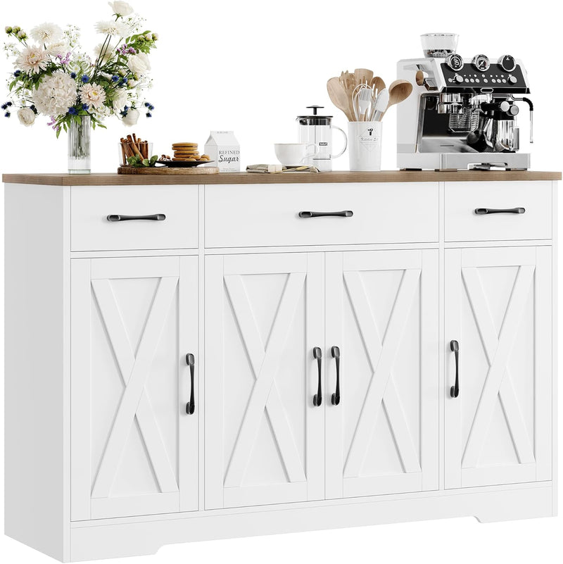 Drawer-equipped buffet-style cabinet, 55-inch large side cabinet-style storage unit with shelves and 4 doors, modern country-style coffee bar-style cabinet, wooden kitchen and dining room storage unit, white/rustic style Y9768