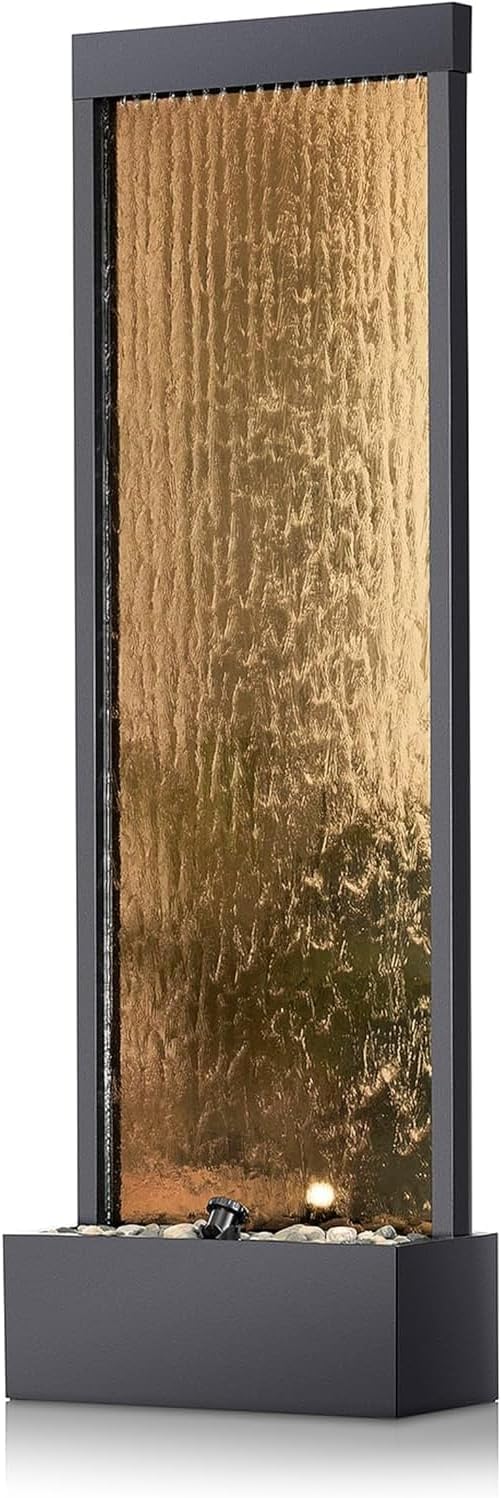 A mirror-floored waterfall fountain with stones and lights - suitable for offices, living rooms, terraces, entrances as a serene indoor/outdoor decoration - 48 inches (bronze color) Y6191