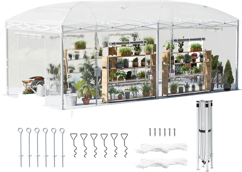 19.2×9.7×8.5 feet Outdoor upgraded retractable greenhouse with adjustable reinforced frame, portable walk-through greenhouse, equipped with 2 rollable zipped doors and mesh windows, PE shell, white L8238
