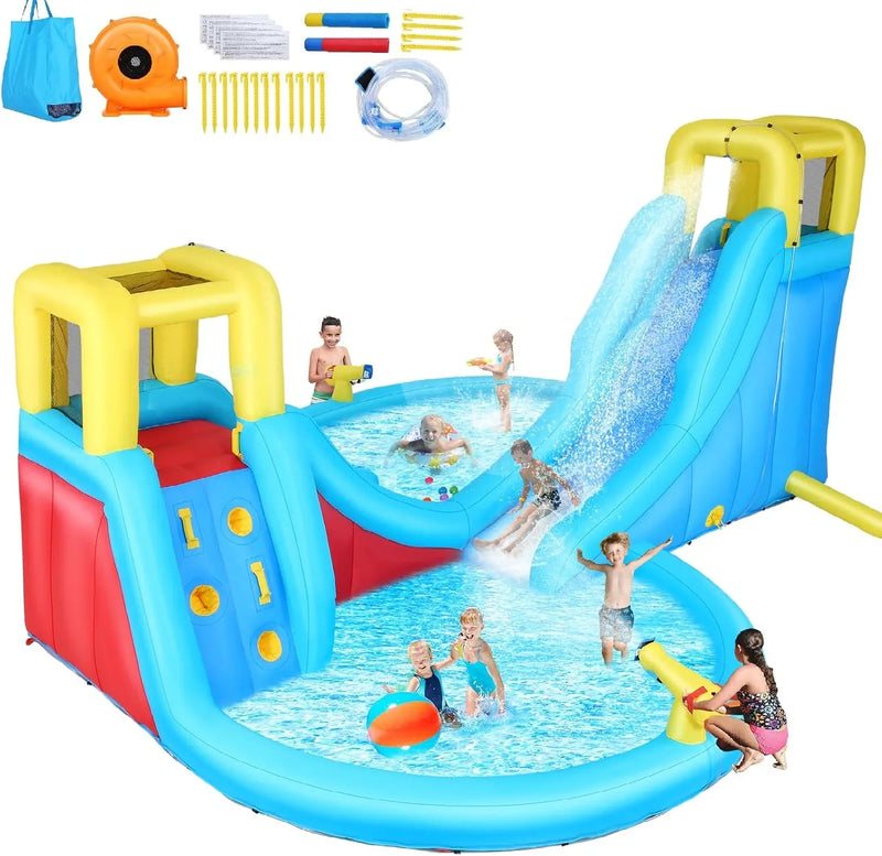 Inflatable Water Slide, 6 in 1 Outdoor Inflatable Water Park with Climbing, Basketball Rim, Splash Pool, Water Cannon, Blow up Water Slides for Kids Backyard Q1692