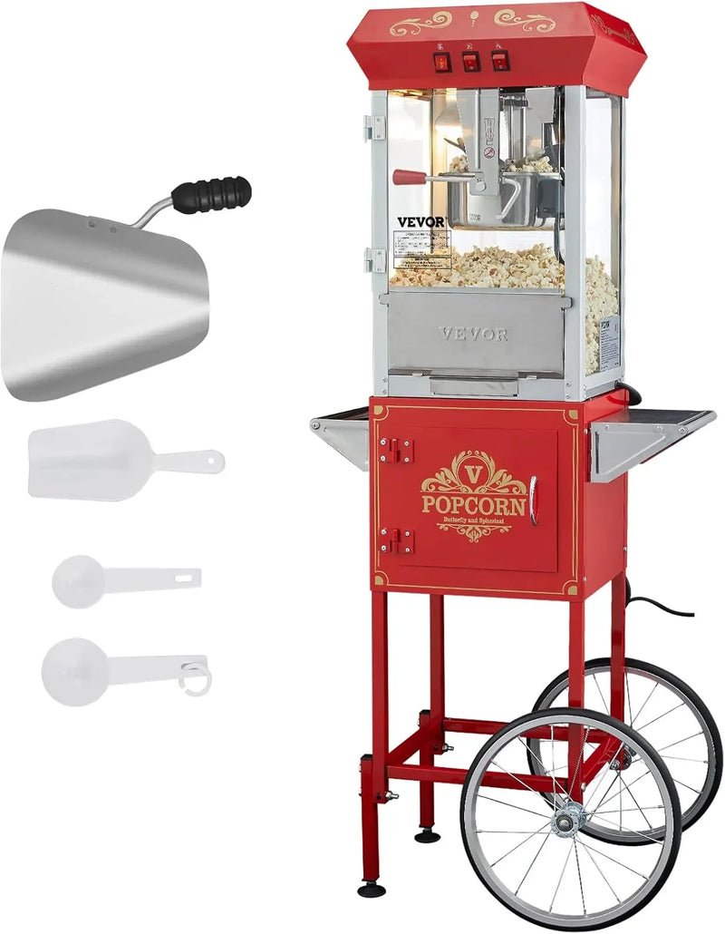 Popcorn machine, 12-ounce pot capacity, 1440-watt countertop popcorn machine, can produce 80 cups per batch, cinema-style popcorn machine, equipped with 3 switches for control, steel frame, tempered glass door, 1 pot, 2 spoons, red version I1801
