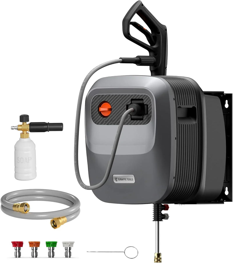 Pressure Washer G20 Pro, 2500 PSI 2.2 GPM, 180° Wall Mounted Power Washer, Auto-retract with 65FT Hose Reel, 5 Nozzles for Floor/Cars/Fences/Patios, Dark Silver Q9447