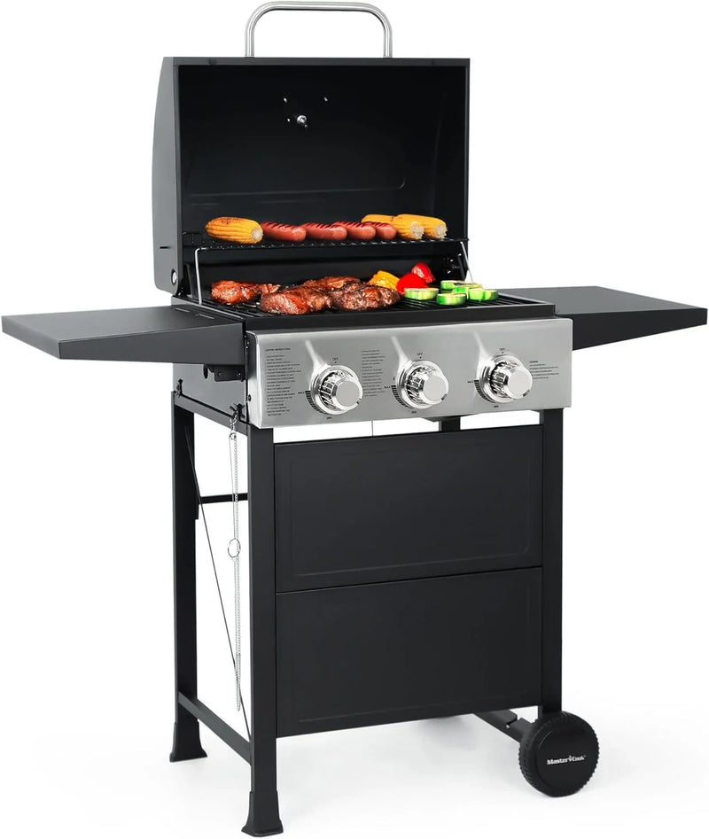 Burner BBQ Propane Gas Grill, Stainless Steel 30,000 BTU Patio Garden Barbecue Grill with Two Foldable Shelves J2436