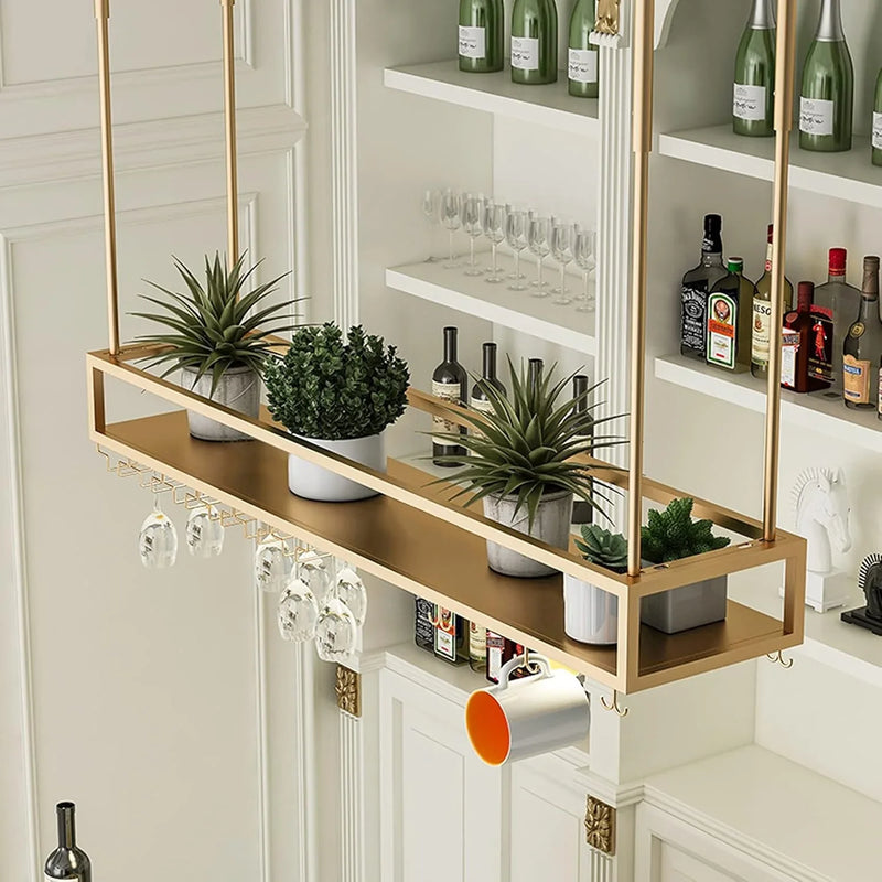 Wall Mounted Wine Rack for Bars & Restaurants Gold Metal Hanging Storage for Wine Bottles & Stem Glasses Perfect for Dining Room & Kitchen Decor Space Saving Design U2301