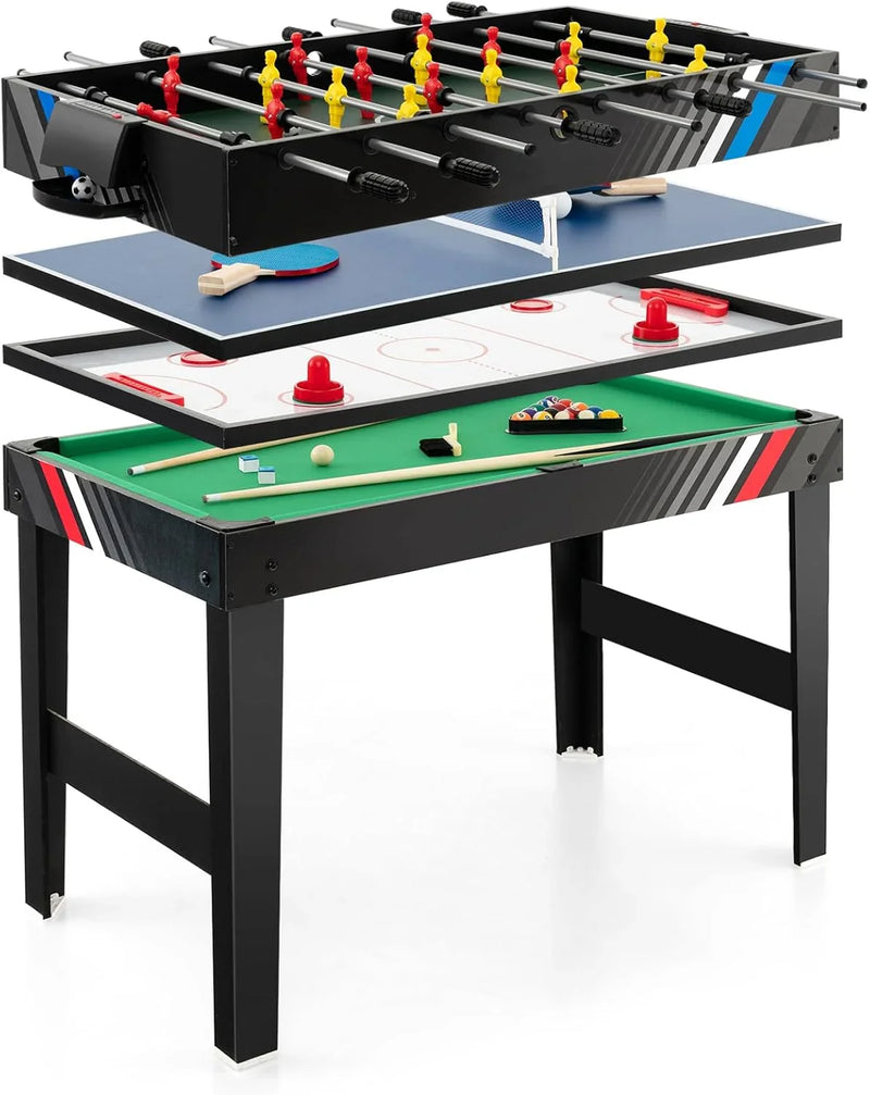The multi-functional game table integrates a football table, a billiards table, an air curling table and a table tennis table. It is an ideal combination game table for a family game room. X5737