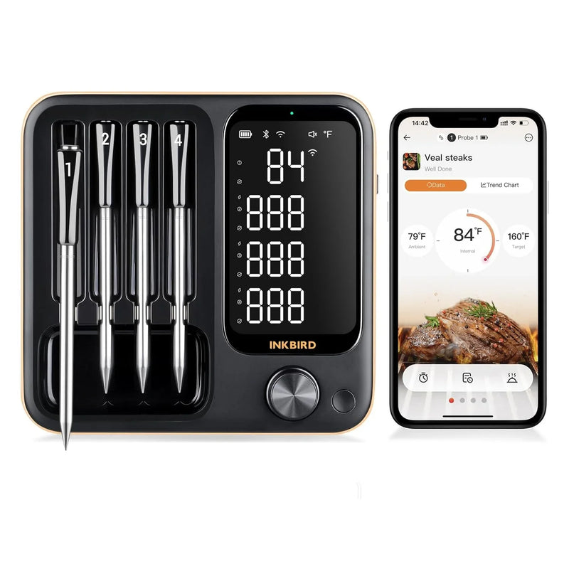 True wireless meat thermometer, equipped with 4 probes, Wireless meat thermometer, with backlit LCD display, Wi-Fi-enabled smart food thermometer, rechargeable, suitable for barbecue grills, charcoal grills, ovens, and rotating barbecue racks. V3285