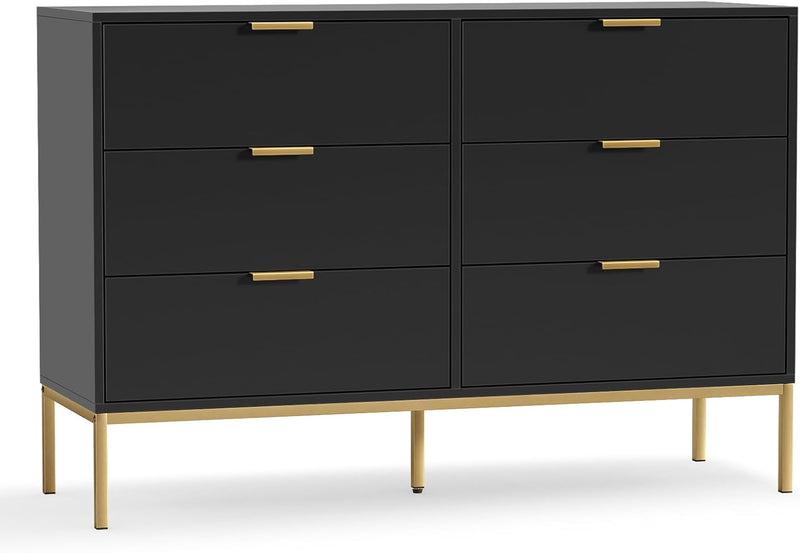 Black Dresser for Bedroom, Modern 6 Drawer Dresser, Chest of Drawers Closet Organizers and Wood Storage Clothes, White Dresser with Golden Handles Room, Hallway V3892