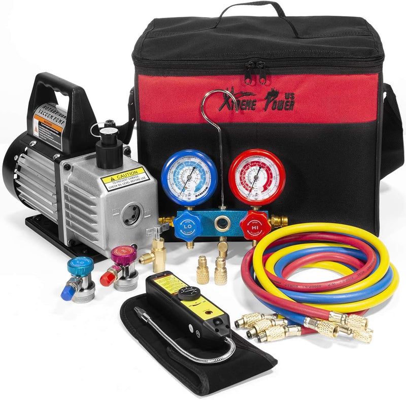 Premium 4CFM Air Vacuum Pump HVAC A/C Refrigeration Kit AC Manifold Gauge Case Set R134a Tap w/Leak Detector and Carrying Tote Bag A6779