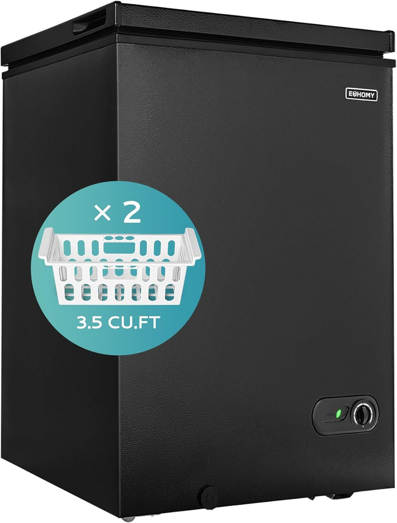 3.5 Cu.Ft Chest Freezer with Removable Basket, Small Deep Freezer Adjustable 7 Thermostat, Quiet Mini Freezer Free-Standing Top Door, Energy Saving for Apartment/Garage/Basement/Dorm/Home,Black E5682