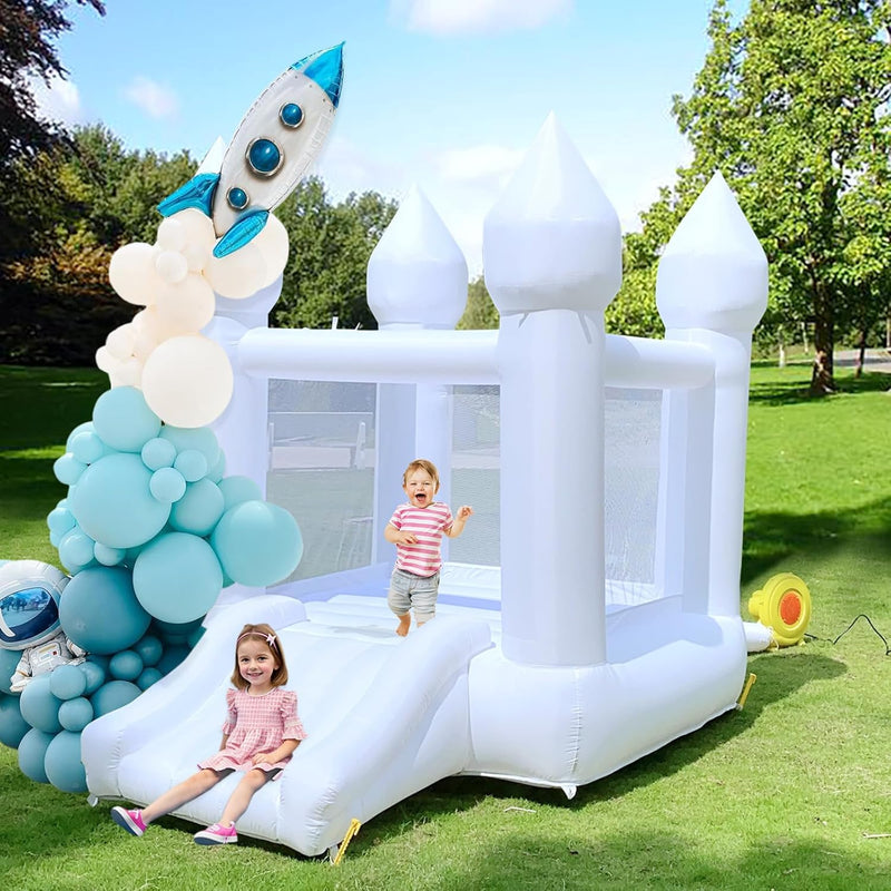 White Bounce House Indoor Outdoor Bouncy Castle for Kids 2-8 Oxford Toddler Bounce House with Slide Balloon & Blower,103 x 71 x 90 inch,Children's Birthday Party Easter Party Gifts T8487
