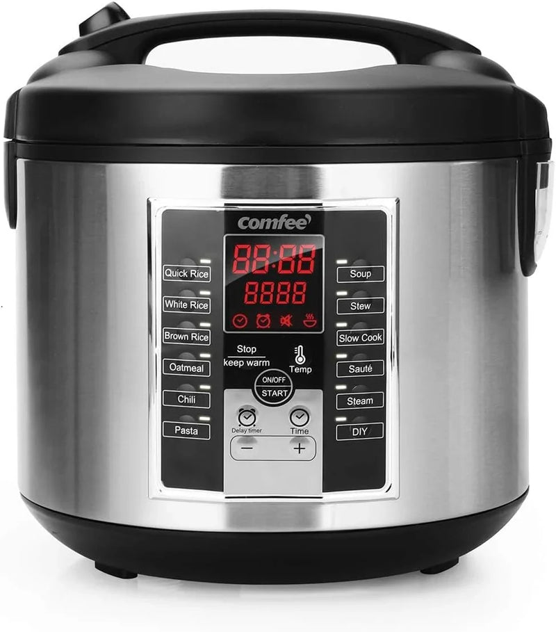 Compact electric rice cooker, 6-in-1 stainless steel multi-functional cooking utensil, slow cooker, steamer, frying pan, heater and warmer, 2-gallon capacity (8 cups cooked, 4 cups uncooked), suitable for brown rice, quinoa and oats, 6 Y7678