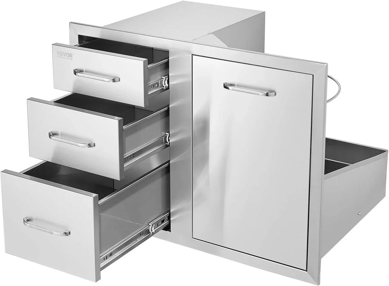 Pull Out Trash Drawer 13.4"W x 25.7"H x 19.6"D Lower Sliding Rails Stainless Steel Roll Out Trash Bin Pull Out Tray Outdoor Kitchen Trash Drawer with Handle for BBQ Island Grill Station F7423