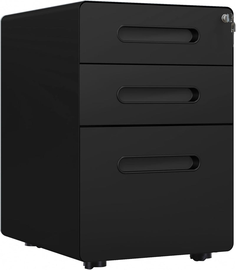 3 Drawer Vertical Filing Cabinet with Lock and Wheels, Under Desk Mobile File Cabinet for Legal, A4, Letter Size, Steel Frame for Home Office, Black X3494