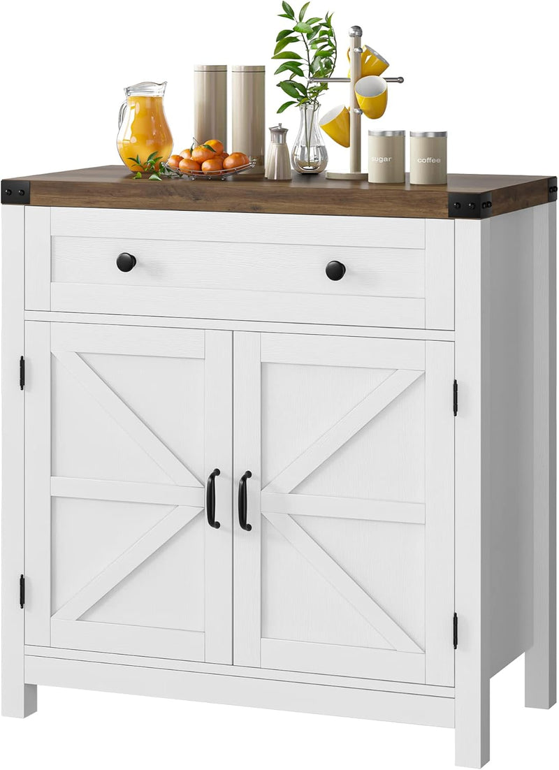 Coffee Bar Cabinet, Kitchen Storage Cabinet, Modern Farmhouse Buffet Sideboard with Drawer and Adjustable Shelf, Barn Door Accent Cabinets for Kitchen, Dining Room, Entryway, White O4015