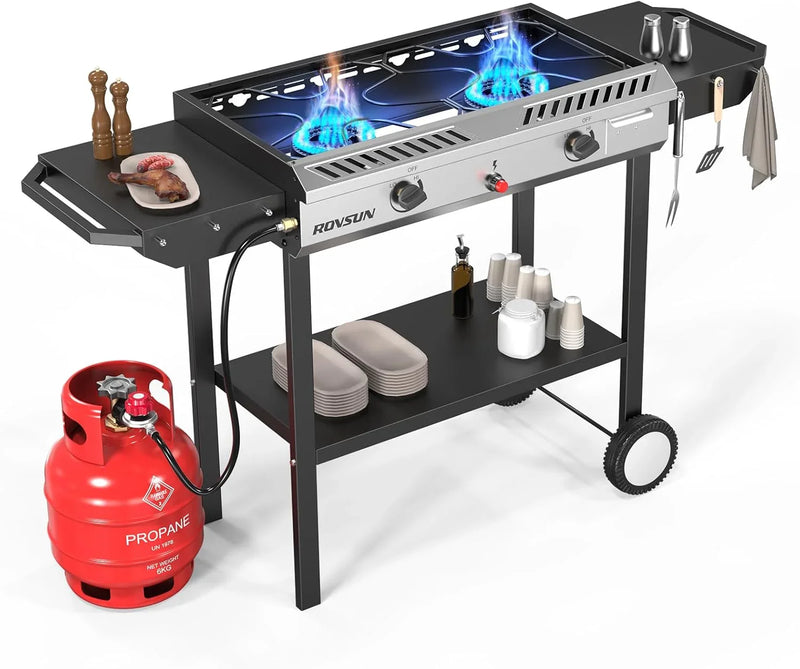 2 Burner Outdoor Propane Gas Stove with Griddle, Auto-ignition, Regulator & Side Shelves, 150,000 BTU Powerful Stand Cooker for Backyard Cooking Home Brewing Canning Frying Grilling D3383