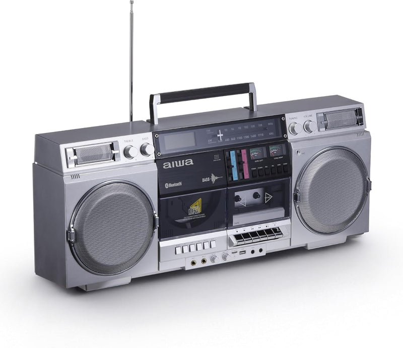 Retro-style portable CD player, featuring tape recording function, Wireless 5.0 technology, FM/AM radio, USB/SD/AUX input interfaces, VU meter, LCD display, dual 40-watt speakers - silver X8815