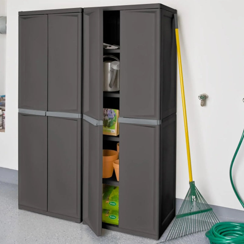 Storage Cabinet, Rugged Plastic Garage Organizer with Double Doors, 4 Adjustable Shelves, Gray B8858