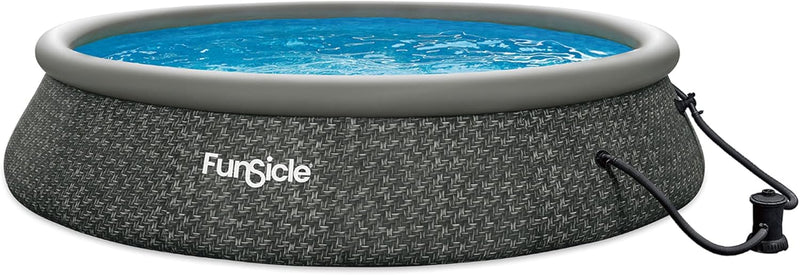 12 Foot by 36 Inch Quickset Round Inflatable Ring Top Outdoor Above Ground Swimming Pool Set with Pump and Cartridge Filter, Dark Herringbone Y7374